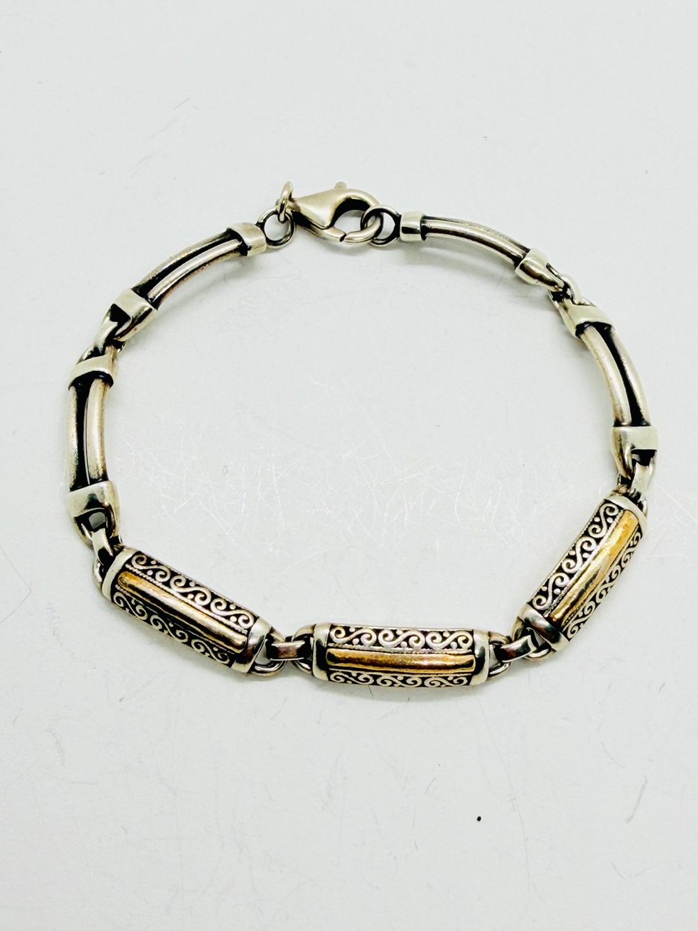 Vintage RIL 925 Two Tone Sterling Silver & Gold Accent Bali Style Bracelet 7"